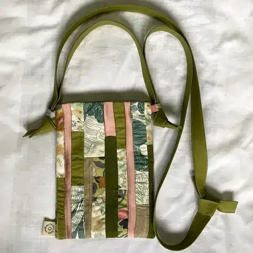 Upcycled patchwork phone bag in olive green